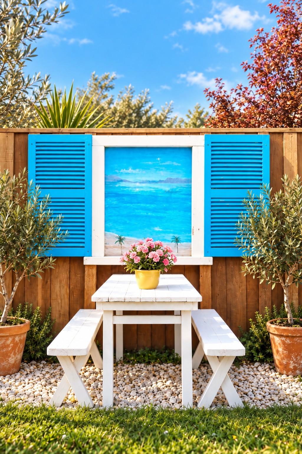 A white garden table framed by olive trees, blue shutters and Mediterranean colours